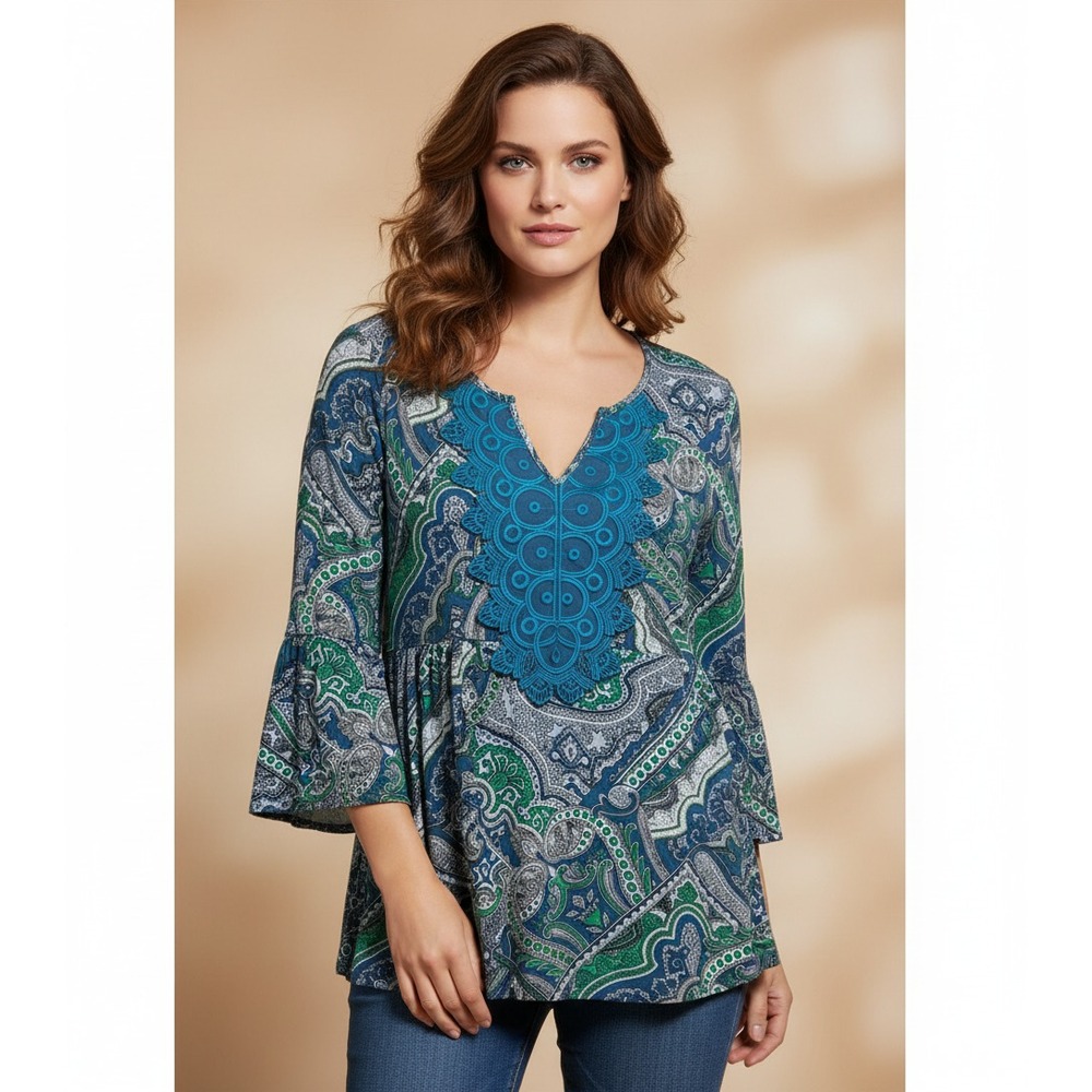 Cato L Top Blue Green Paisley‎ Lace Knit Retro 70s Boho Hippie Festival Romantic